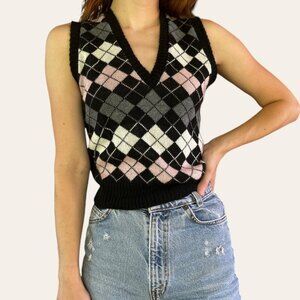 90s vintage argyle knit sweater vest black pink gray medium